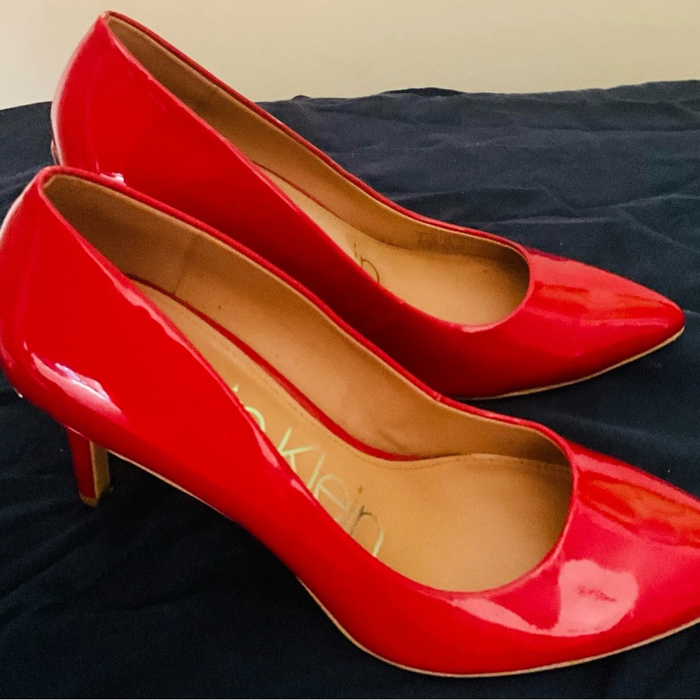 Calvin Klein Red Patent Leather Pointed Toe Pumps